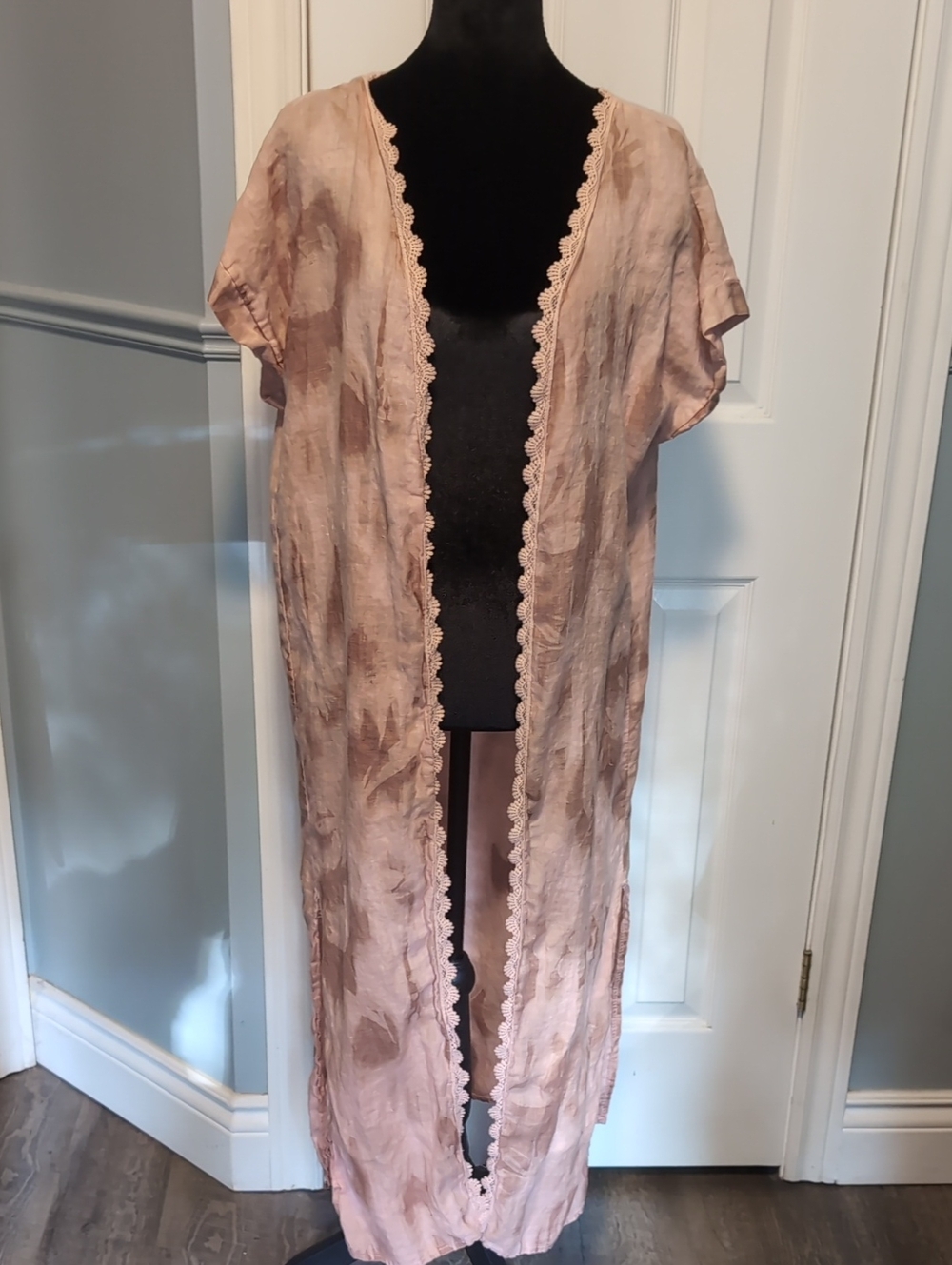 Linen Light Pink Long Open-Front Women's Duster Jacket